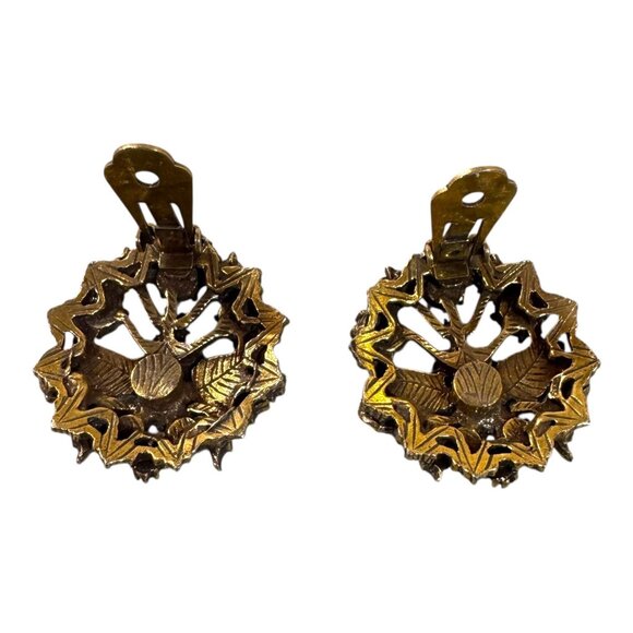 Vtg Florenza Clip On Earrings Faux Pearls Turquoise Leaves Rhinestones Art Deco - Picture 5 of 6